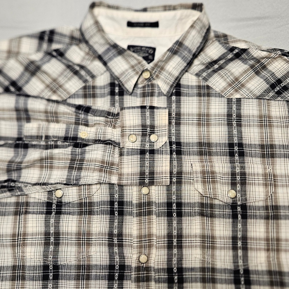 Lucky Brand Western Shirt Mens Large Black White Plaid Pearl Snap 7M41706 Cotton